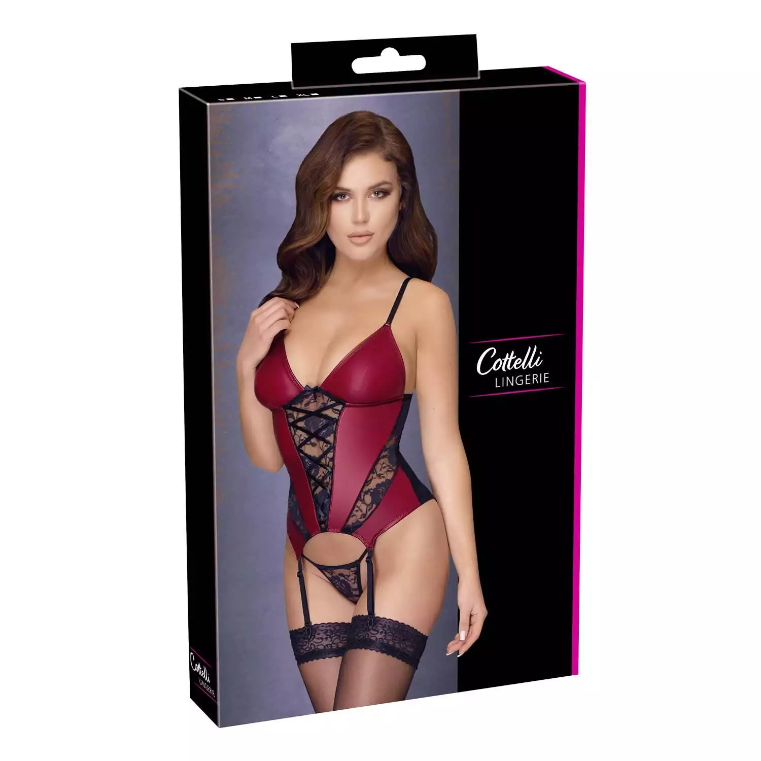 Wetlook Bustier i Rød med Sorte BlonderXL