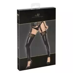 Noir Wetlook Overknee Strømper med Leopard Kant