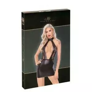 Noir Wetlook Kjole med Blonder og Dyb Udskæring