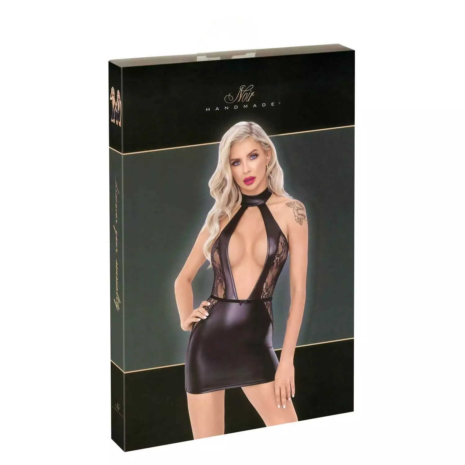 Noir Wetlook Kjole med Blonder og Dyb UdskæringXL