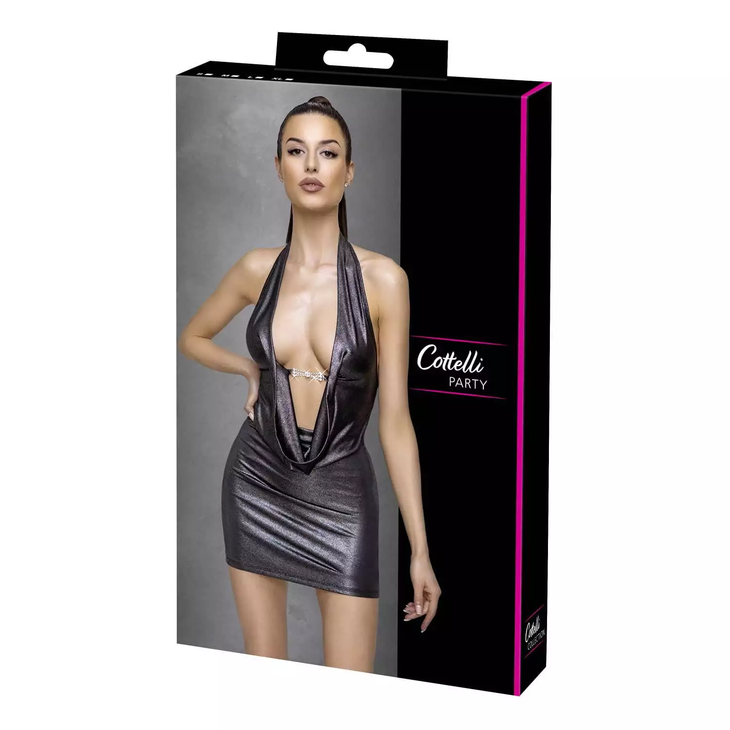 Kjole med skinnende sølv effekt og vandfaldsudskæringXL