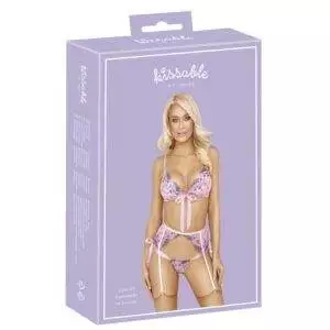 Kissable Lingeri Sæt i Rosa med Broderinger og hofteholder