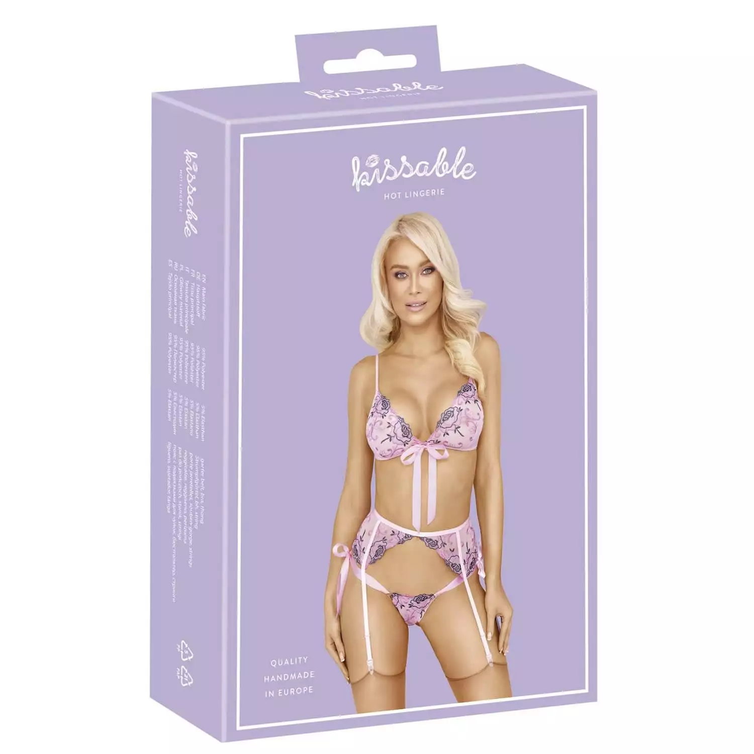 Kissable Lingeri Sæt i Rosa med Broderinger og hofteholderL/XL