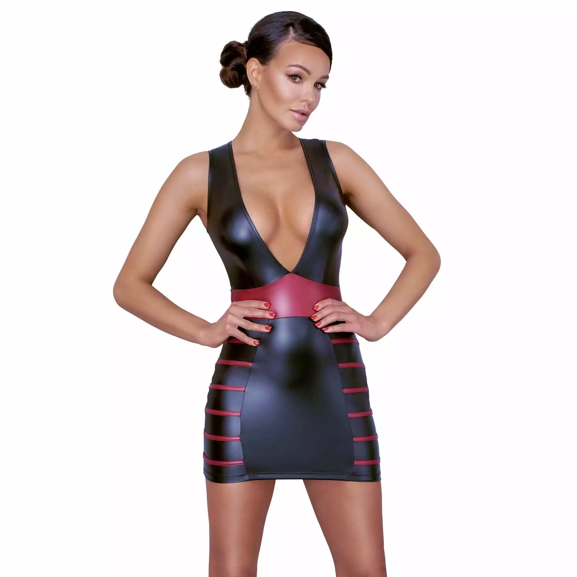 Sort Wetlook Kjole med Røde Striber - Billede 2