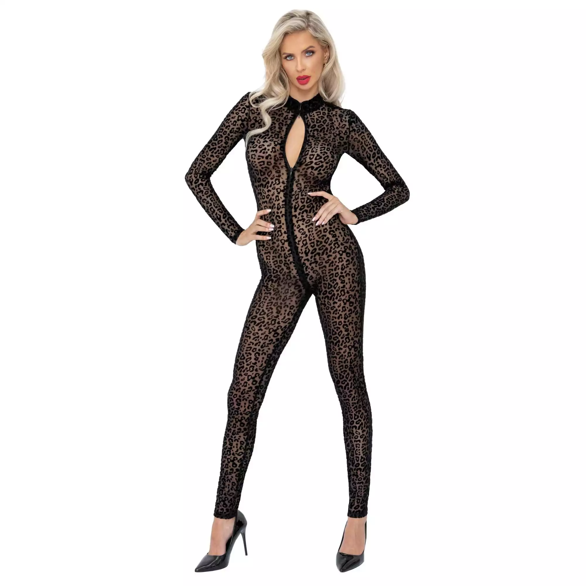 Noir Nylon Leopard Catsuit med Lange Ærmer - Billede 6