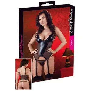 Wetlook Bustier med Trusser og Strømpeholdere