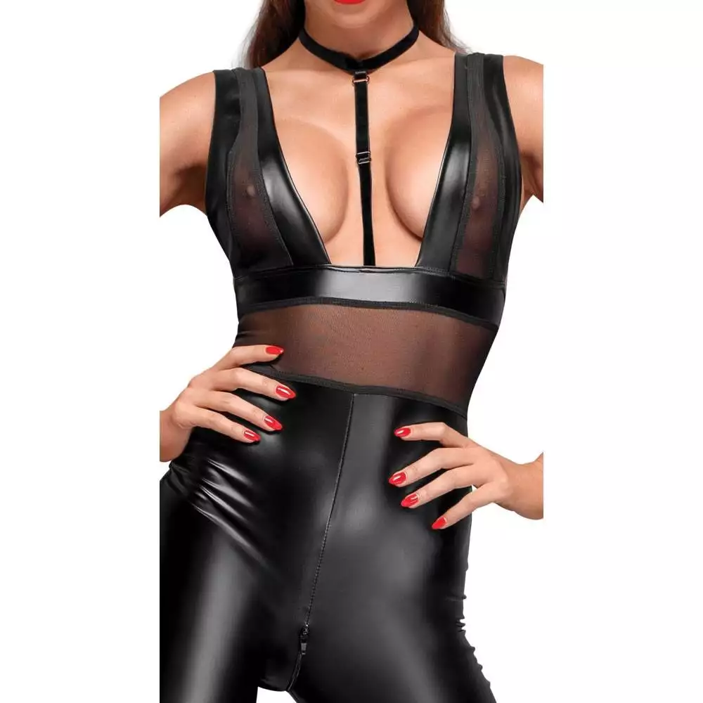 Noir Wetlook Jumpsuit med Gennemsigtig Top - Billede 4
