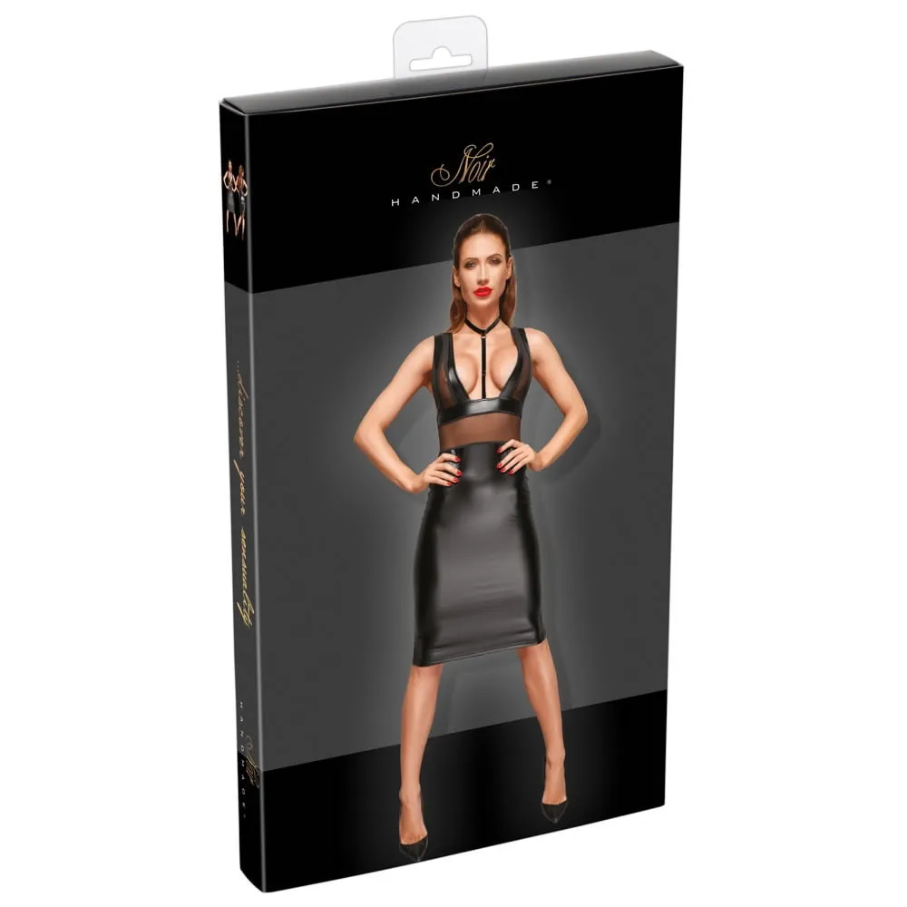 Noir Wetlook Kjole med Gennemsigtig NylonXL
