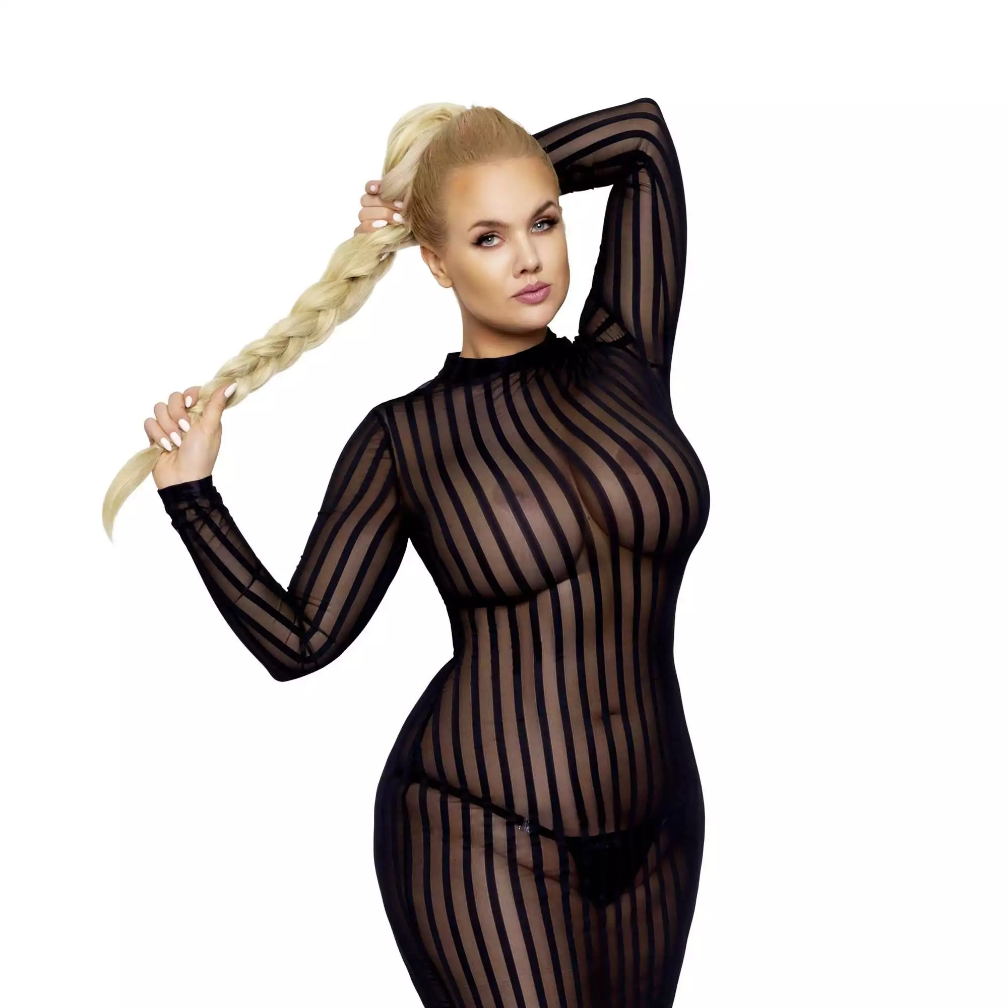 Noir Transparent Plus Size Kjole med Striber - Billede 4