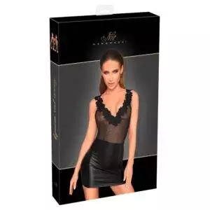 Noir Wetlook & Nylon Kjole med Broderet Kant