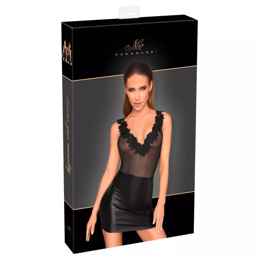 Noir Wetlook & Nylon Kjole med Broderet KantXL