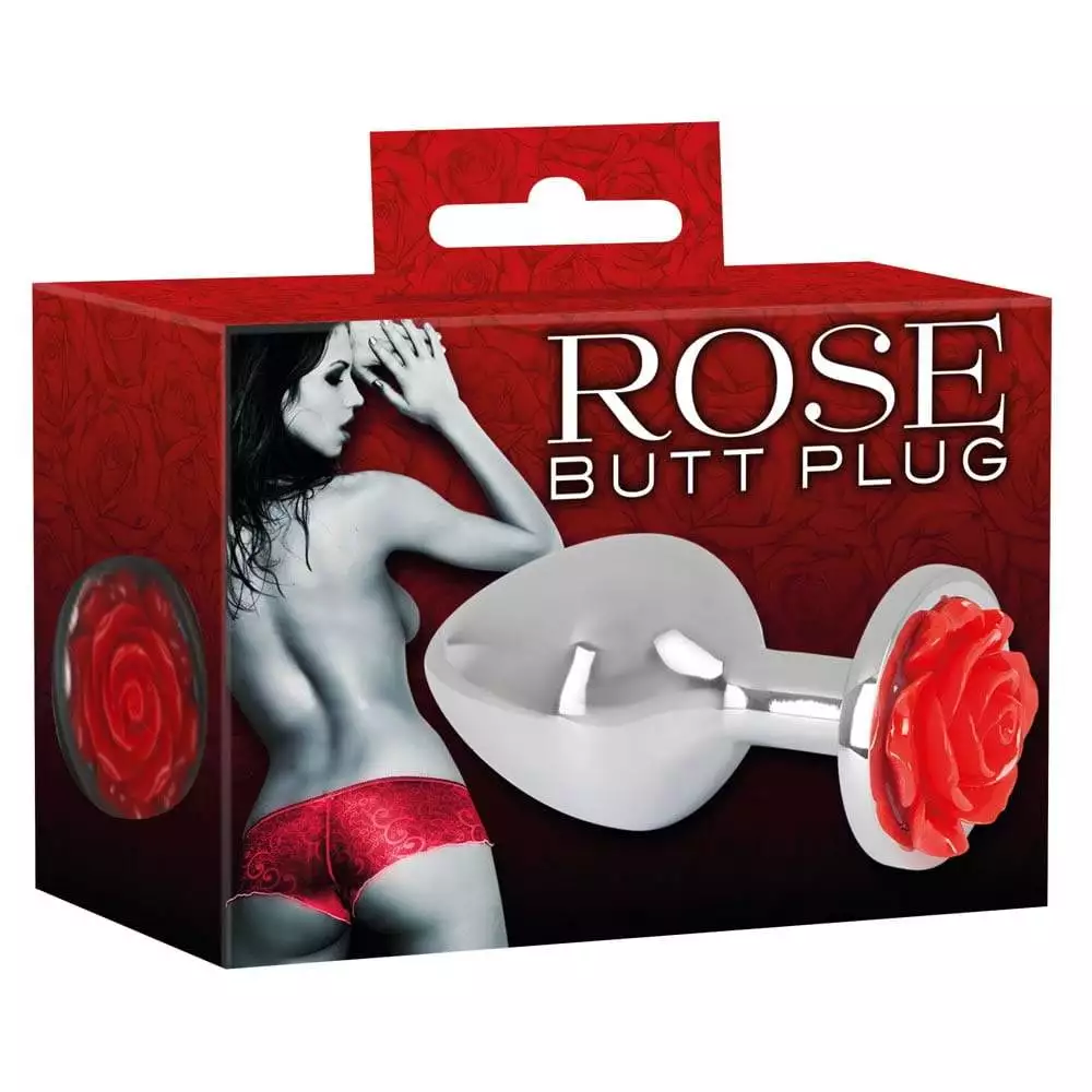 Aluminium Anal Plug med Rose i BundenSølv / Rød