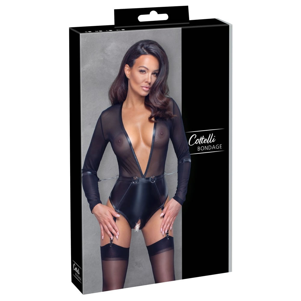 Wetlook Bondage Body med Håndjern og StrømpeholdereXL