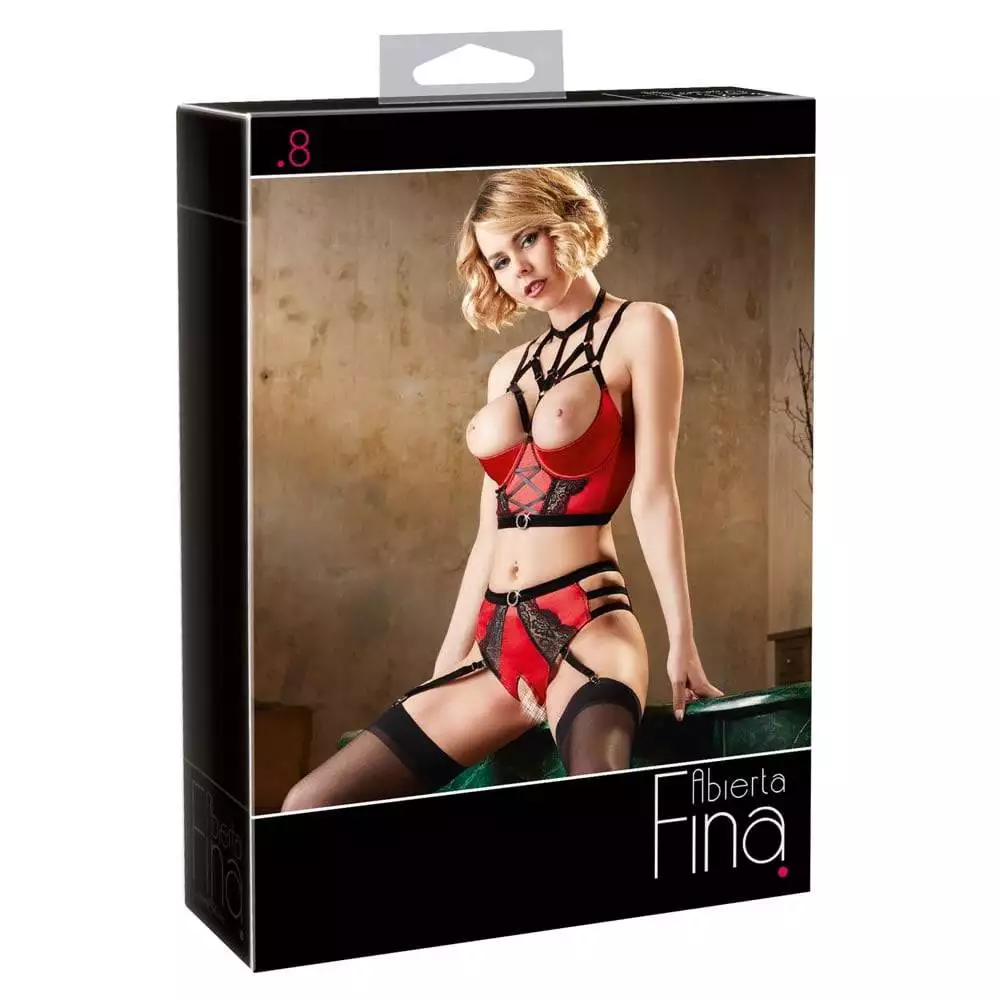 Hylde BH med Hofteholder Trusser i Rød Satin og Blonder85C / L