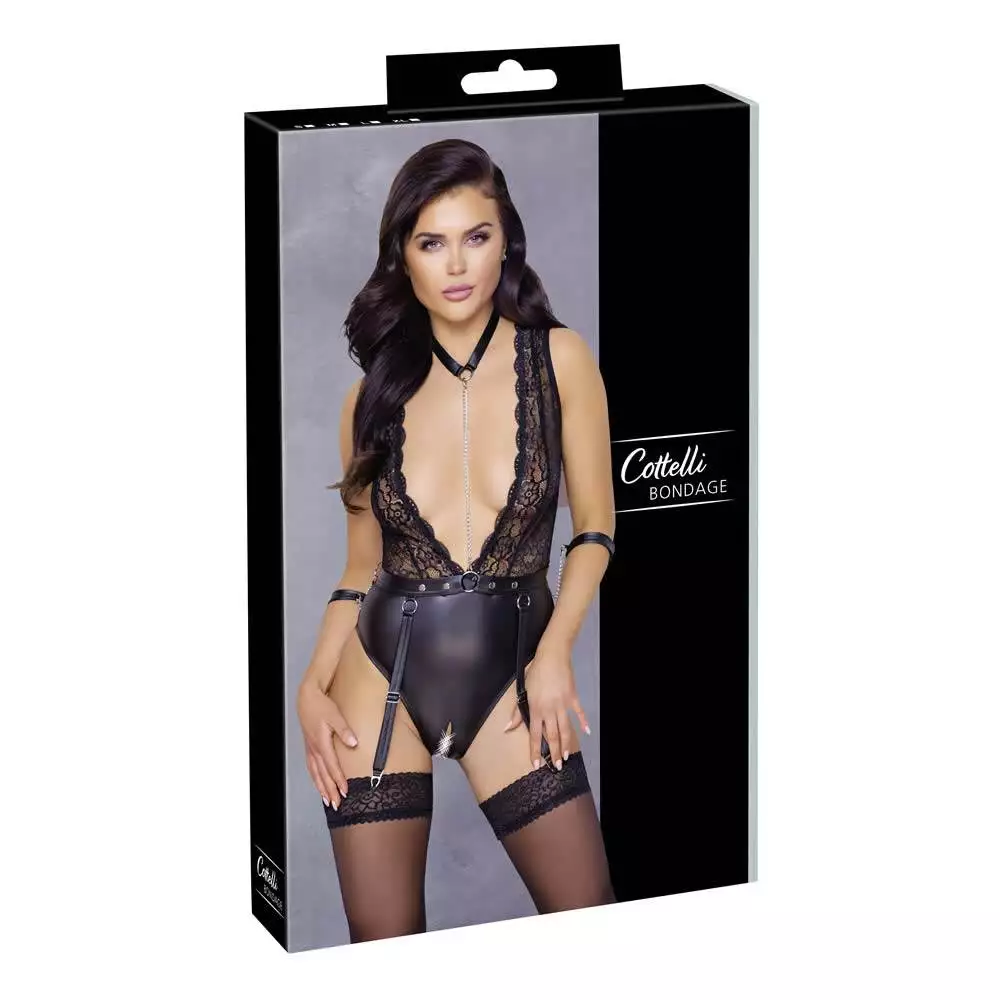 Wetlook Body med Blonder og HåndjernXL