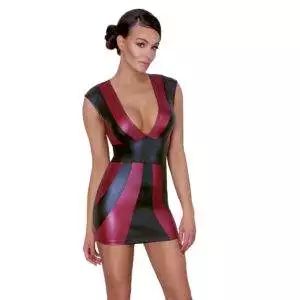 Wetlook Kjole med Rød og Sort Kontrast