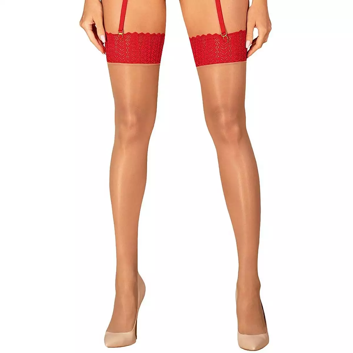 Obsessive Ingridia Strømper i Nude med Rød Blondekant - Billede 2