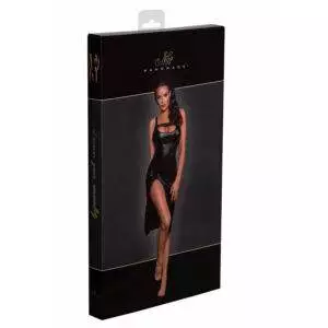 Noir Wetlook Kjole med Flæsebånd og Slids